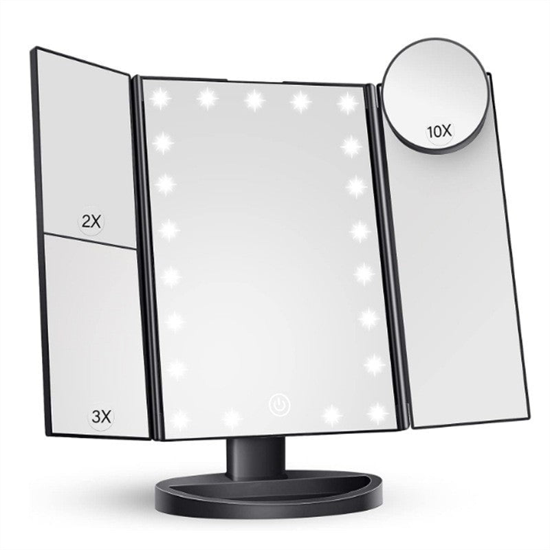 Black Tri-Fold Lighted Makeup Mirror, 22 LED Vanity Mirror with 1X/2X/3X/10X Magnification, Portable Cosmetic Mirror