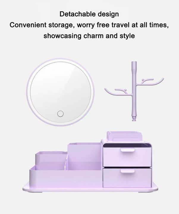 Purple LED Vanity Mirror with Storage, Rotating Makeup Mirror, USB Rechargeable Desktop Organizer