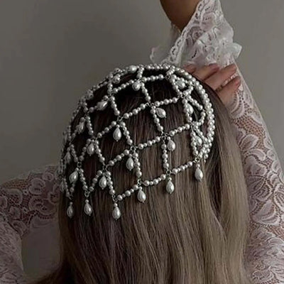 Silver Bohemian Pearl Net Headband – Vintage Mesh Hair Accessory for Women | Elegant Faux Pearl Bridal Hairpiece