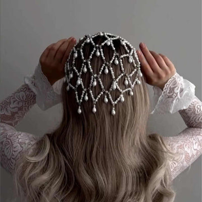 Silver Bohemian Pearl Net Headband – Vintage Mesh Hair Accessory for Women | Elegant Faux Pearl Bridal Hairpiece