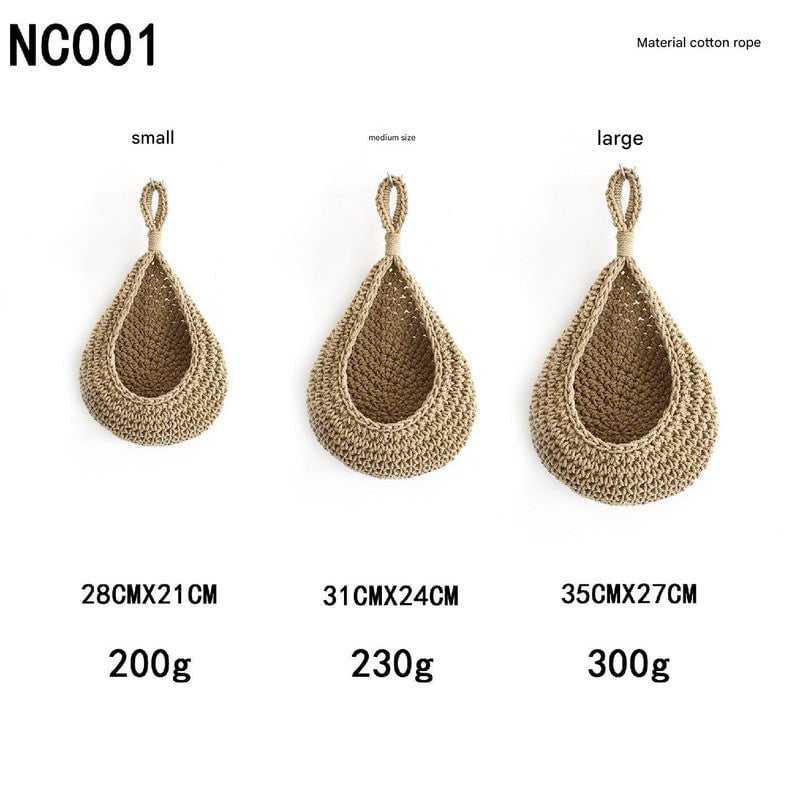 Khaki 3-Piece Wall-Mounted Cotton Rope Storage Baskets – Large, Medium, and Small Hand-Woven Fruit/Vegetable/Storage Nets (Large weight 300g, Medium weight 230g, Small weight 200g)