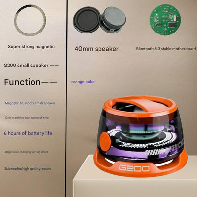 Orange Portable Mini Bluetooth Speaker with Magnetic Base, High-Quality Bass and Surround Sound, Colorful Ambient Lighting, USB Rechargeable, 6-Hour Battery Life