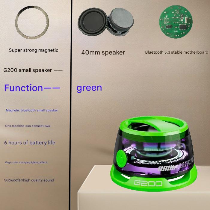 Green Portable Mini Bluetooth Speaker with Magnetic Base, High-Quality Bass and Surround Sound, Colorful Ambient Lighting, USB Rechargeable, 6-Hour Battery Life