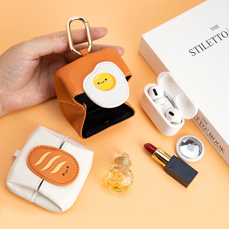 Fried Egg Pattern Orange Cute Multifunctional Mini Leather Coin Purse with Keychain for Lipstick, Bluetooth Earbuds, and Small Essentials