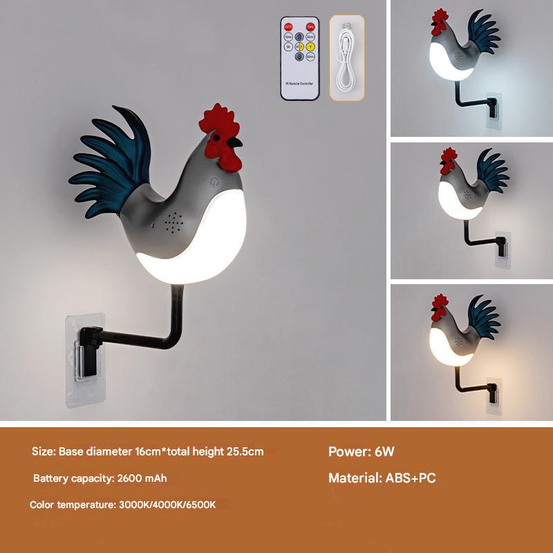 Silver USB Rechargeable Rooster Wall Lamp with Sound, Aromatherapy, and Decorative Design - Creative Nightlight for Bedroom and Corridor