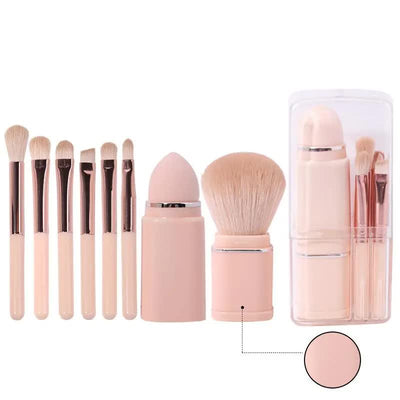 Pink 8-in-1 Retractable Mini Makeup Brush Set with Protective Cover - Compact Design for Travel and On-the-Go Touchups