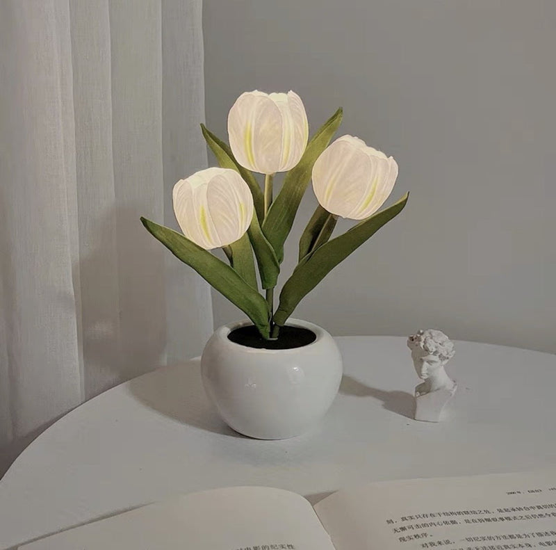 White Flowers USB Tulip Night Light - Bedroom Decor Table Lamp with PU Flowers & Ceramic Pot, Perfect Gift for Family & Friends