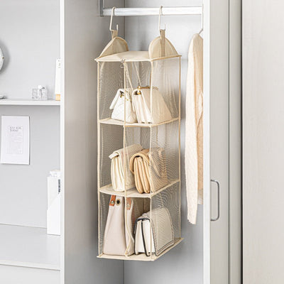 Grey Hanging Dustproof Storage Bag - Multi-Layer Organizer for Bags, Clothes & Accessories, 4-Tier Non-Woven Fabric