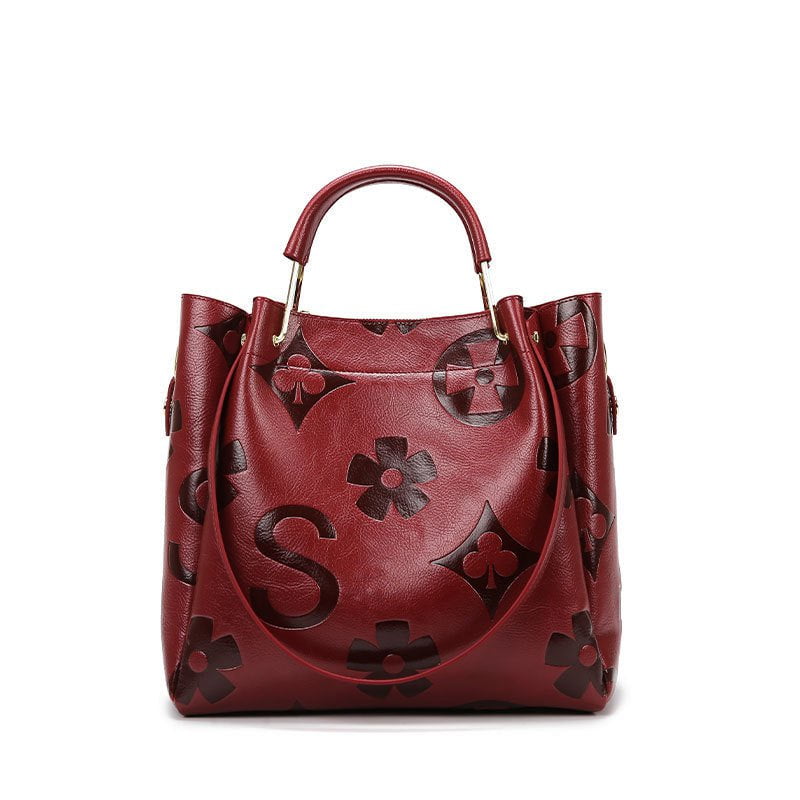 Dark Red Elegant Embossed PU Leather Tote Bag for Women - Large Capacity Handbag with Inner Pouch