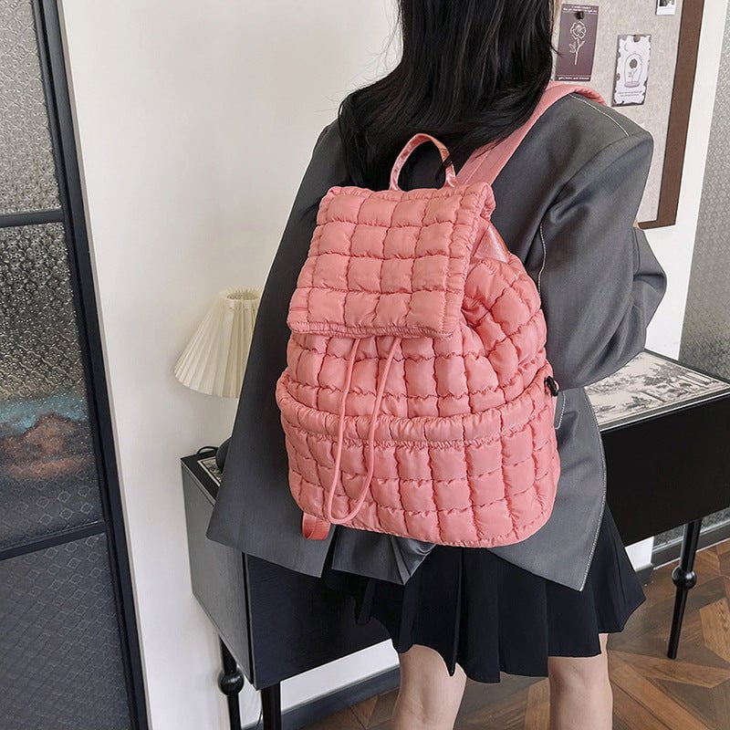 Lightweight Quilted Nylon Backpack with Adjustable Straps - Khaki