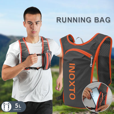 Lightweight Hydration Running Vest with 5L Capacity and Reflective Strips, Black backpack with green text