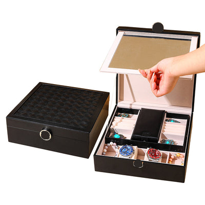 Black Luxury Quilted Jewelry Storage Box with Mirror and Multi-Layer Compartments