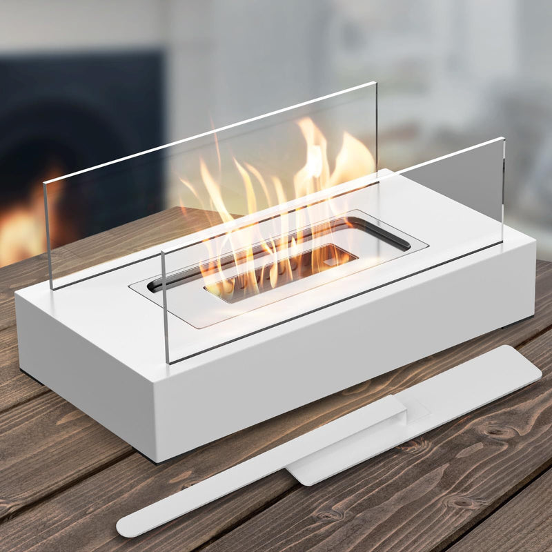 Portable Detachable Tabletop Bioethanol Fireplace - White Rectangular Design with Glass Shields