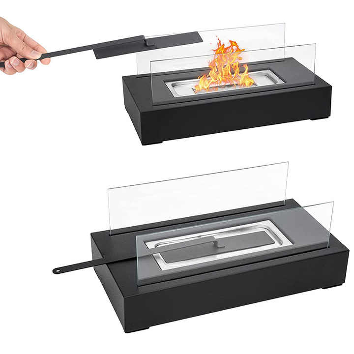 Portable Detachable Tabletop Bioethanol Fireplace - White Rectangular Design with Glass Shields