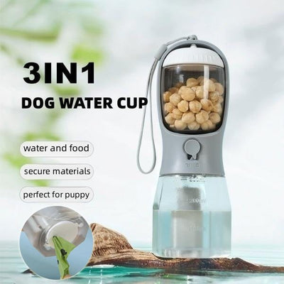 White 3-in-1 Portable Pet Water Bottle with Food Storage and Waste Bag Dispenser - 300mL Capacity