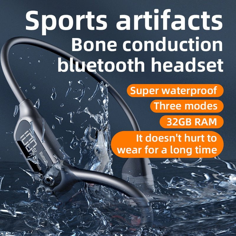 White Waterproof Bone Conduction Bluetooth Headset - 32GB Memory, Lightweight & Durable for Sports