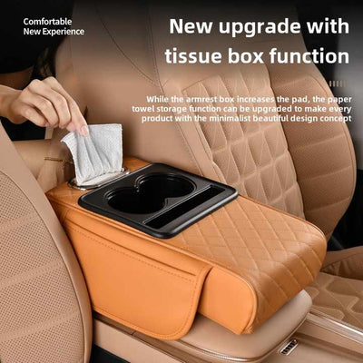 GT-6 No embroidery Beige ,Multifunctional Car Armrest Storage Box Cushion - Universal Fit with Cup Holder and Tissue Dispenser