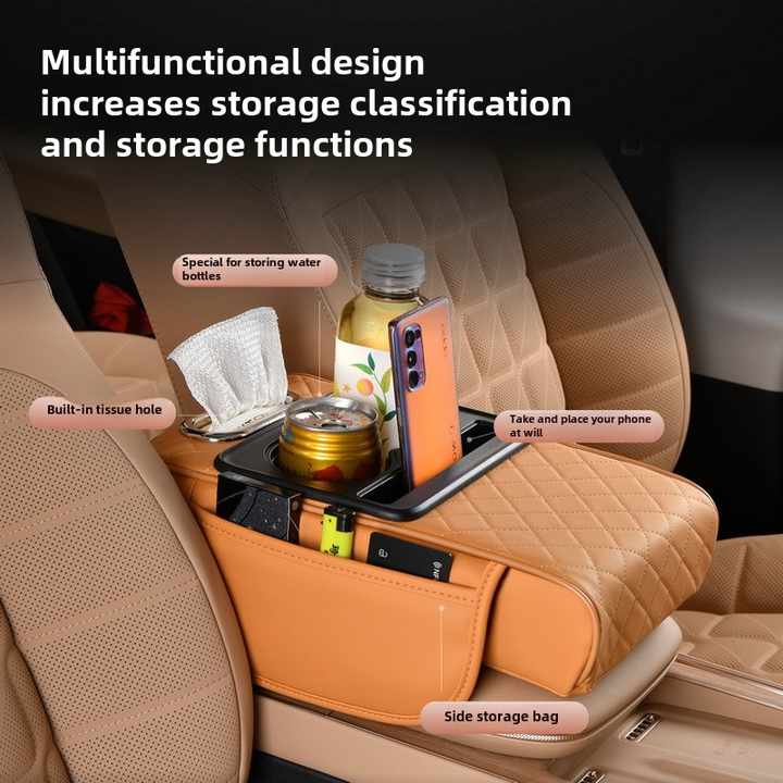 GT-6 Embroidery Beige ,Multifunctional Car Armrest Storage Box Cushion - Universal Fit with Cup Holder and Tissue Dispenser