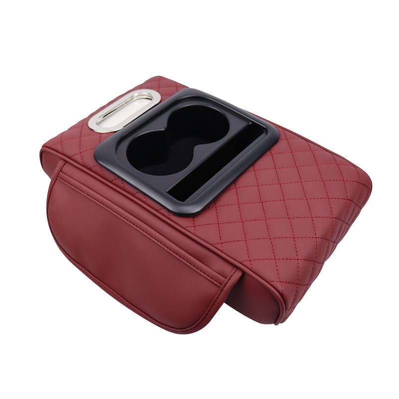 GT-6 Embroidery Wine Red ,Multifunctional Car Armrest Storage Box Cushion - Universal Fit with Cup Holder and Tissue Dispenser