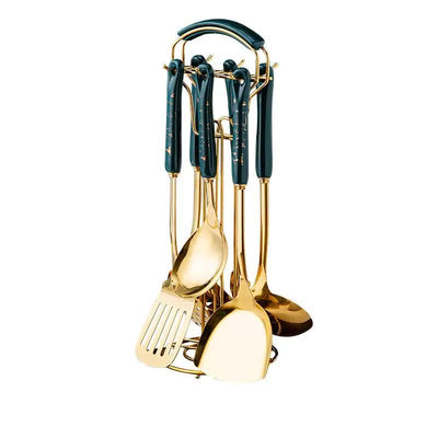 Dark Green Gold Stainless Steel Kitchen Utensil Set - 7-Piece Golden Cooking Tools with Stand