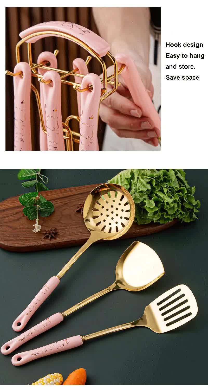 Dark Green Gold Stainless Steel Kitchen Utensil Set - 7-Piece Golden Cooking Tools with Stand