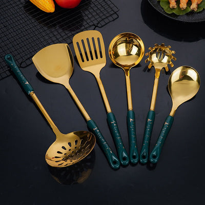 White Gold Stainless Steel Kitchen Utensil Set - 7-Piece Golden Cooking Tools with Stand