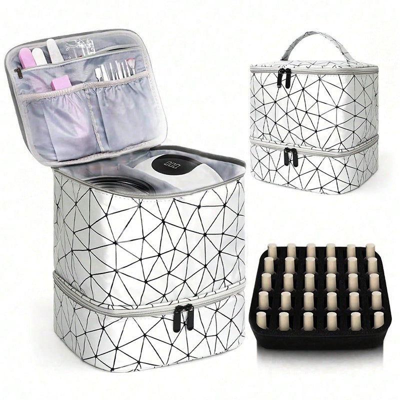 Sliver Large Capacity PVC Cosmetic Bag - Portable Nail Polish Storage Case with Dividers