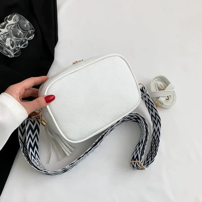 White Trendy Crossbody Shoulder Bag with Tassel Accent - Compact and Stylish