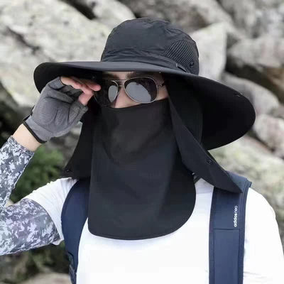 Black Outdoor Sun Protection Hat with Detachable Face and Neck Flap - UPF 50+