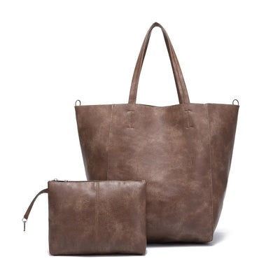 Brownish Classic Large PU Leather Tote Bag with Inner Pouch - Elegant and Functional