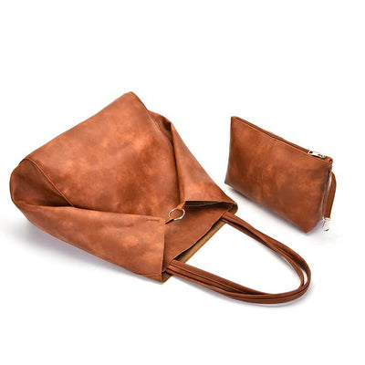 Brownish Classic Large PU Leather Tote Bag with Inner Pouch - Elegant and Functional