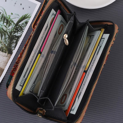 A Elegance Vintage Bohemian Style Wallet with Multi-Compartment Design - Large Capacity Zipper Clutch for Women