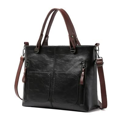 Black Women's Classic PU Leather Tote Bag with Double Handles - Multi-Pocket Shoulder Bag in Black