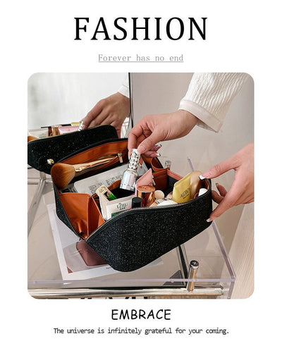 Silver Elegant Glitter Cosmetic Bag with Zipper and Handle