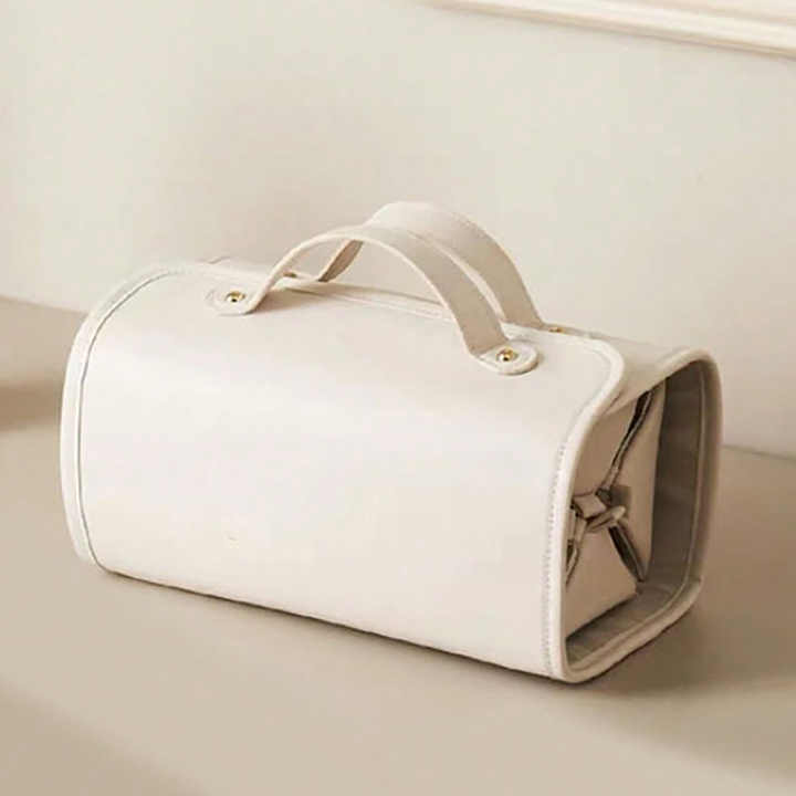 Beige Elegant Cosmetic Bag with Handle - Stylish and Compact for Travel and Storage