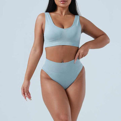 L Blue Seamless High-Waist Ribbed Bra & Panty Set - Wireless Stretchy Underwear