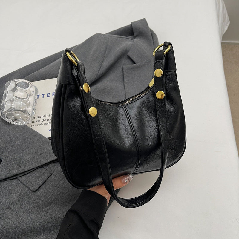 Black Vintage PU Leather Shoulder Bag - Women&