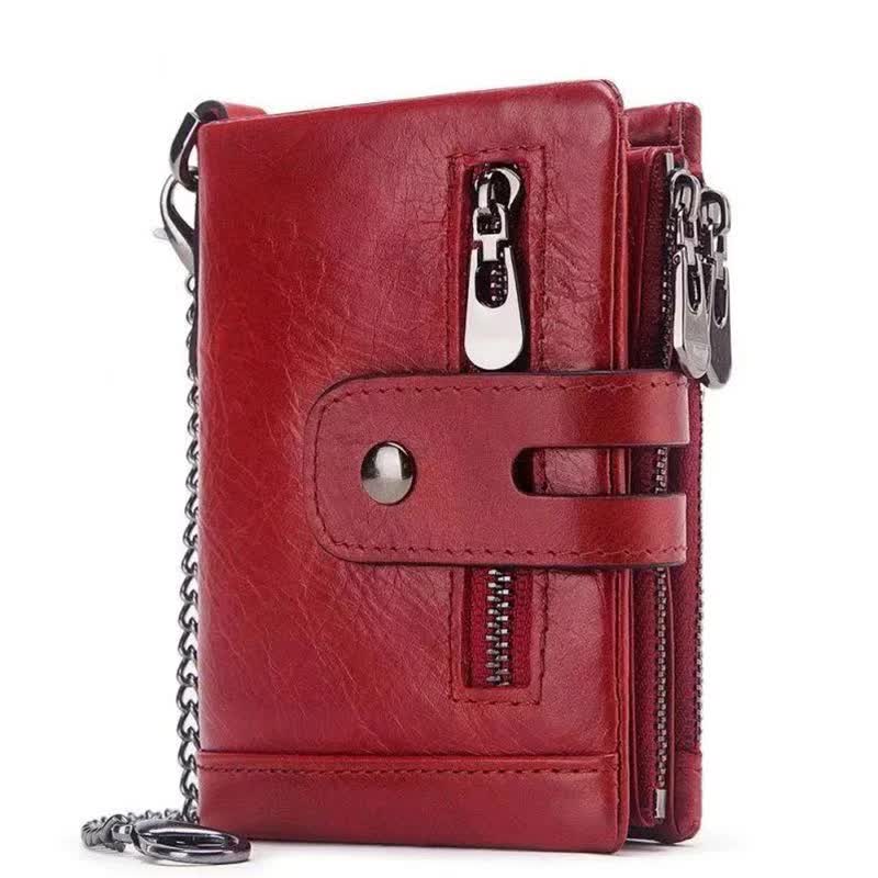Red Genuine Leather Tri-Fold Wallet - Fashionable Multi-Card Men&