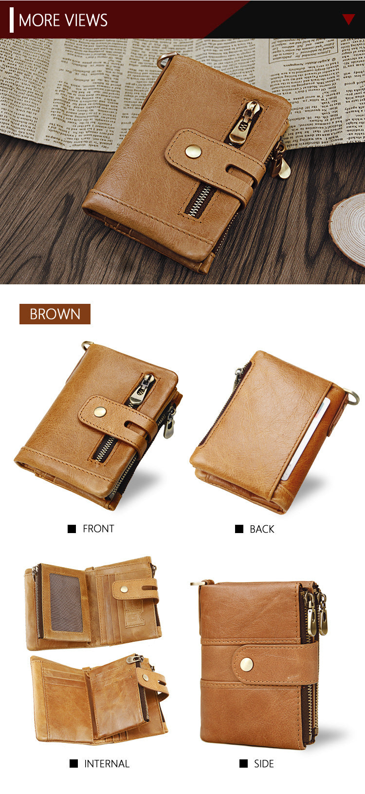 Brown Genuine Leather Tri-Fold Wallet - Fashionable Multi-Card Men&