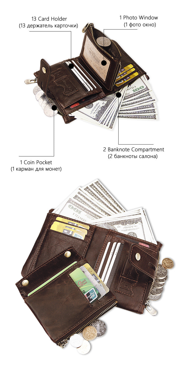 Brown Genuine Leather Tri-Fold Wallet - Fashionable Multi-Card Men&