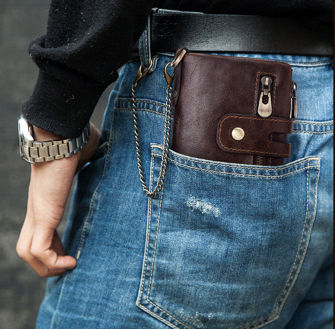 Brown Genuine Leather Tri-Fold Wallet - Fashionable Multi-Card Men&