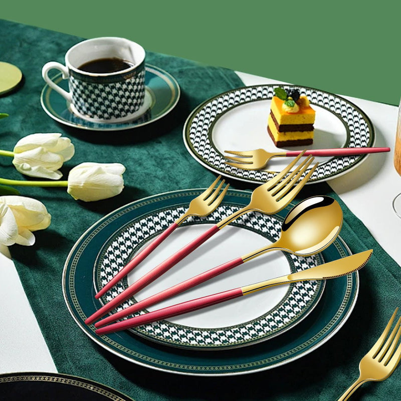 Green And Gold Patchwork Colours 410 Stainless Steel 16-Piece Flatware Set – Elegant Dinnerware with Knife, Fork, Spoon for 4 People