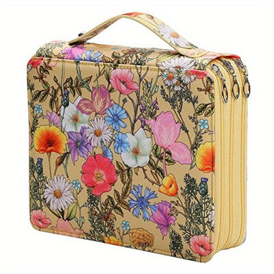 Yellow Background + Flowers Pattern 124-Slot Large Capacity Zippered Pencil Case - Triple-Layer Oxford Fabric Organizer for Colored Pencils, Art Supplies Storage Bag (Pencils Not Included)