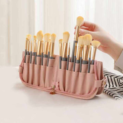 Pink Portable Shell Makeup Brush Storage Bag - Multi-Functional PU Cosmetic Organizer with Button Closure, Convertible to Stand Design(Make-up brushes are filming props, not included)