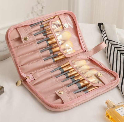 Pink Portable Shell Makeup Brush Storage Bag - Multi-Functional PU Cosmetic Organizer with Button Closure, Convertible to Stand Design(Make-up brushes are filming props, not included)