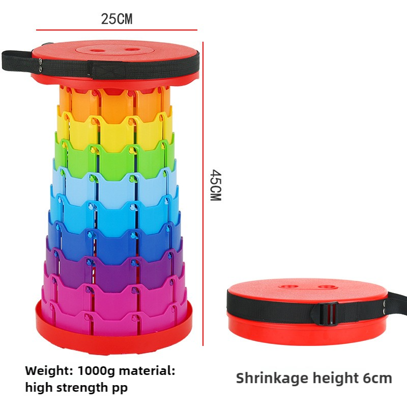 Rainbow Color Stitching Red Portable Outdoor Telescopic Folding Stool with 100 Weight-Bearing Buckles, Lightweight and Compact Design, Perfect for Fishing, Camping, and Travel