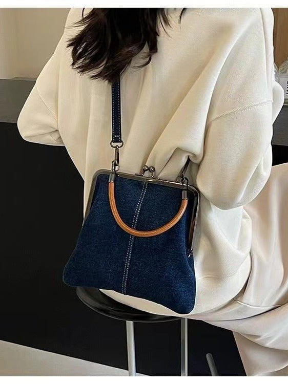 Dark Blue Handmade Denim Patchwork Small Crossbody Bag - Women&