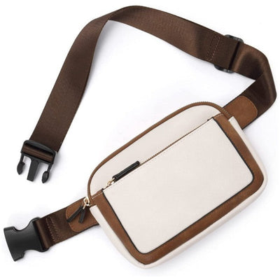 White And Brown Color Matching Adjustable Waterproof PU Leather Waist Bag - Stylish Crossbody Belt Bag for Men & Women