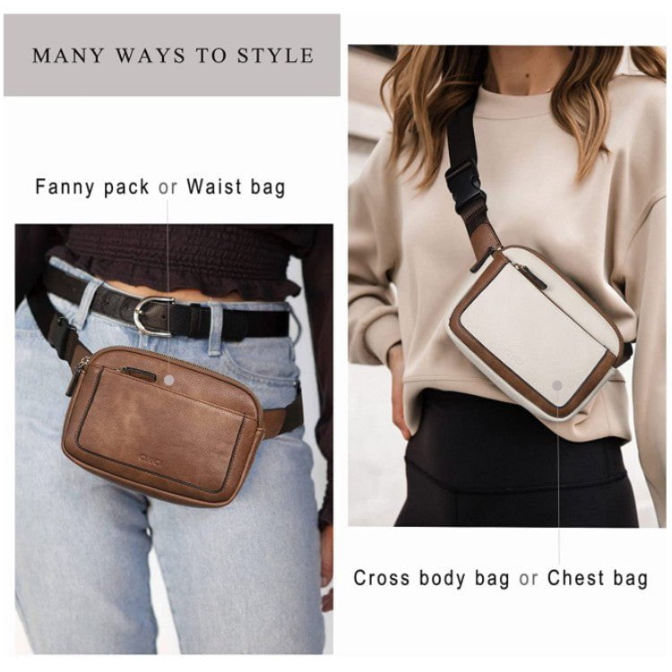 White And Brown Color Matching Adjustable Waterproof PU Leather Waist Bag - Stylish Crossbody Belt Bag for Men & Women