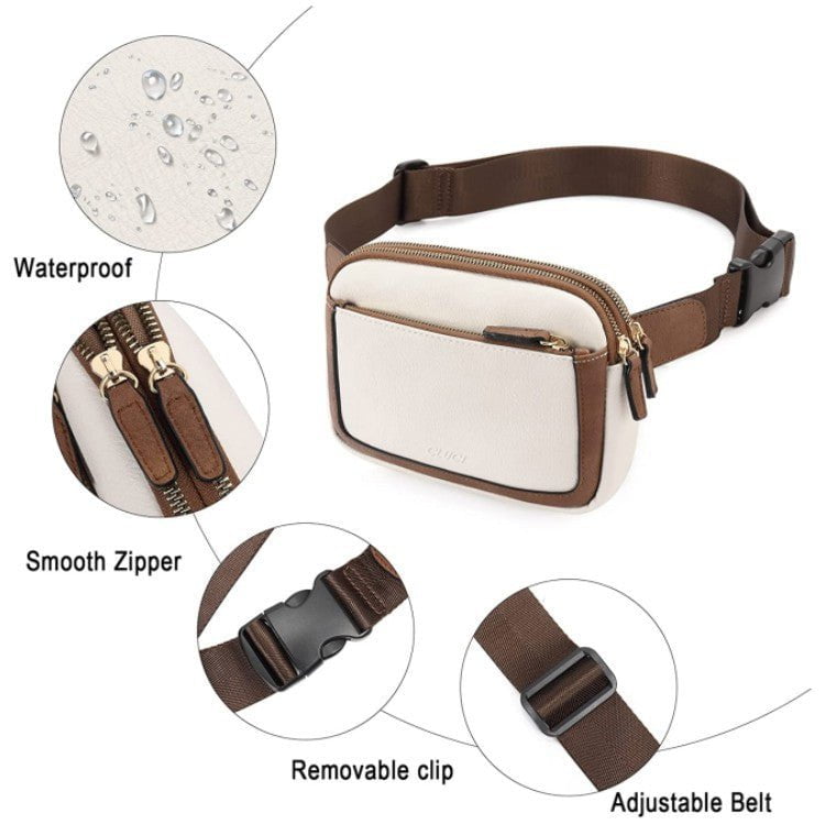 White And Brown Color Matching Adjustable Waterproof PU Leather Waist Bag - Stylish Crossbody Belt Bag for Men & Women